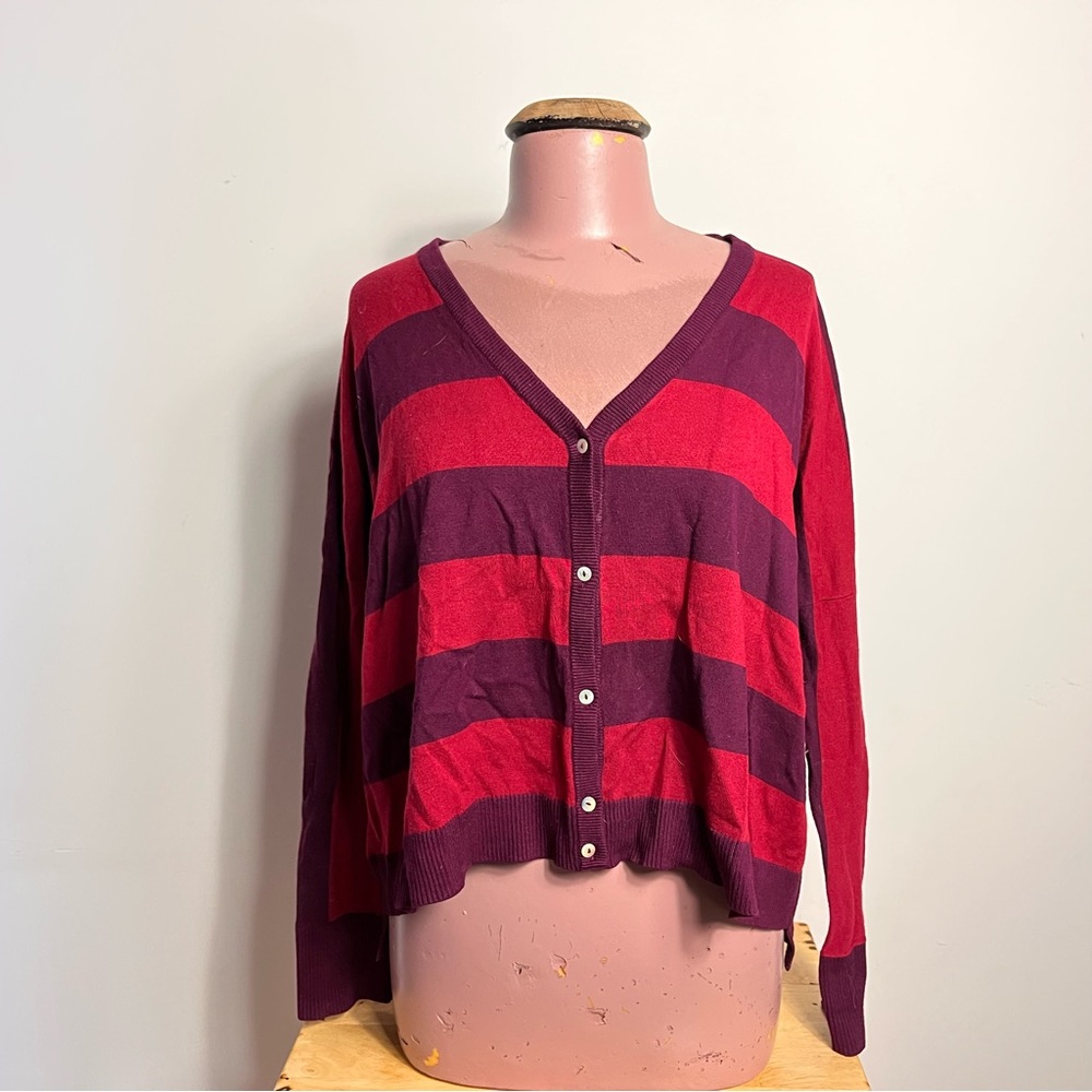 Oversized Preppy Striped Red and Purple Cardigan